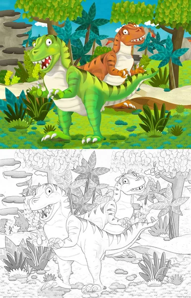 Dibujos Animados Par Dinosaurios Tiranosaurios Ilustración Para Niños — Foto de Stock