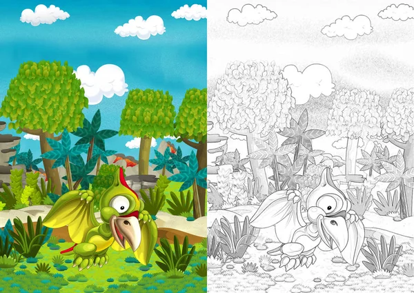 cartoon scene in the jungle near stream or river with flying dinosaur pterodactyl and apatosaurus - illustration for children