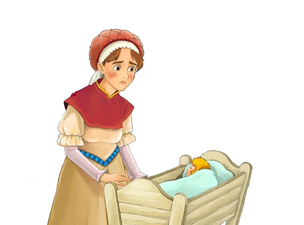 Cartoon Illustratie Van Een Karakter Boerderij Vrouw Permanent Kijken Baby — Stockfoto