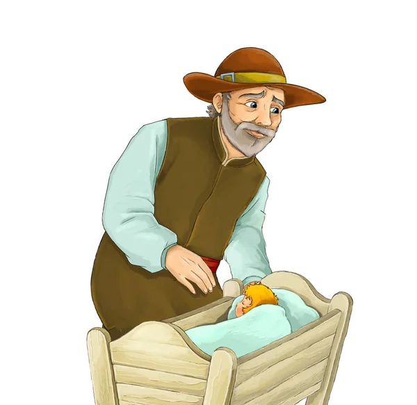 cartoon fairy tale character - medieval farmer on white background standing near baby in wooden cradle - illustration for children
