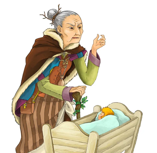 动画片童话人物 坏巫婆或巫婆站立在睡觉的婴孩附近在木摇篮在白色背景 例证为孩子 — 图库照片