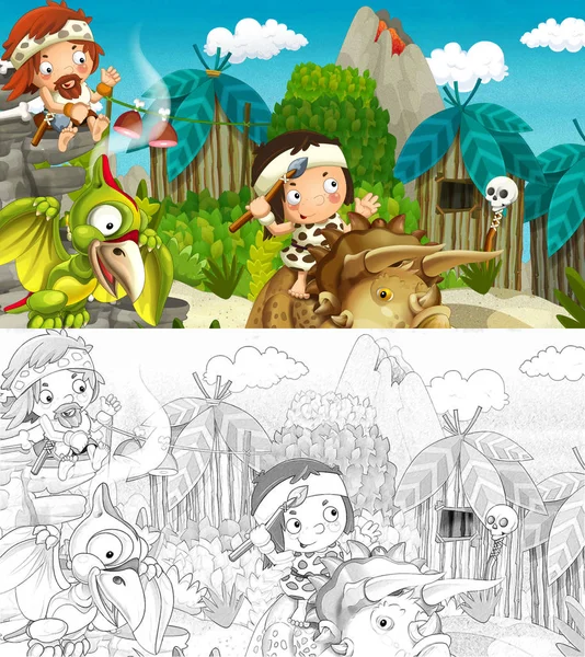 Los Cavernícolas Edad Piedra Ilustración Feliz Para Los Niños — Foto de Stock