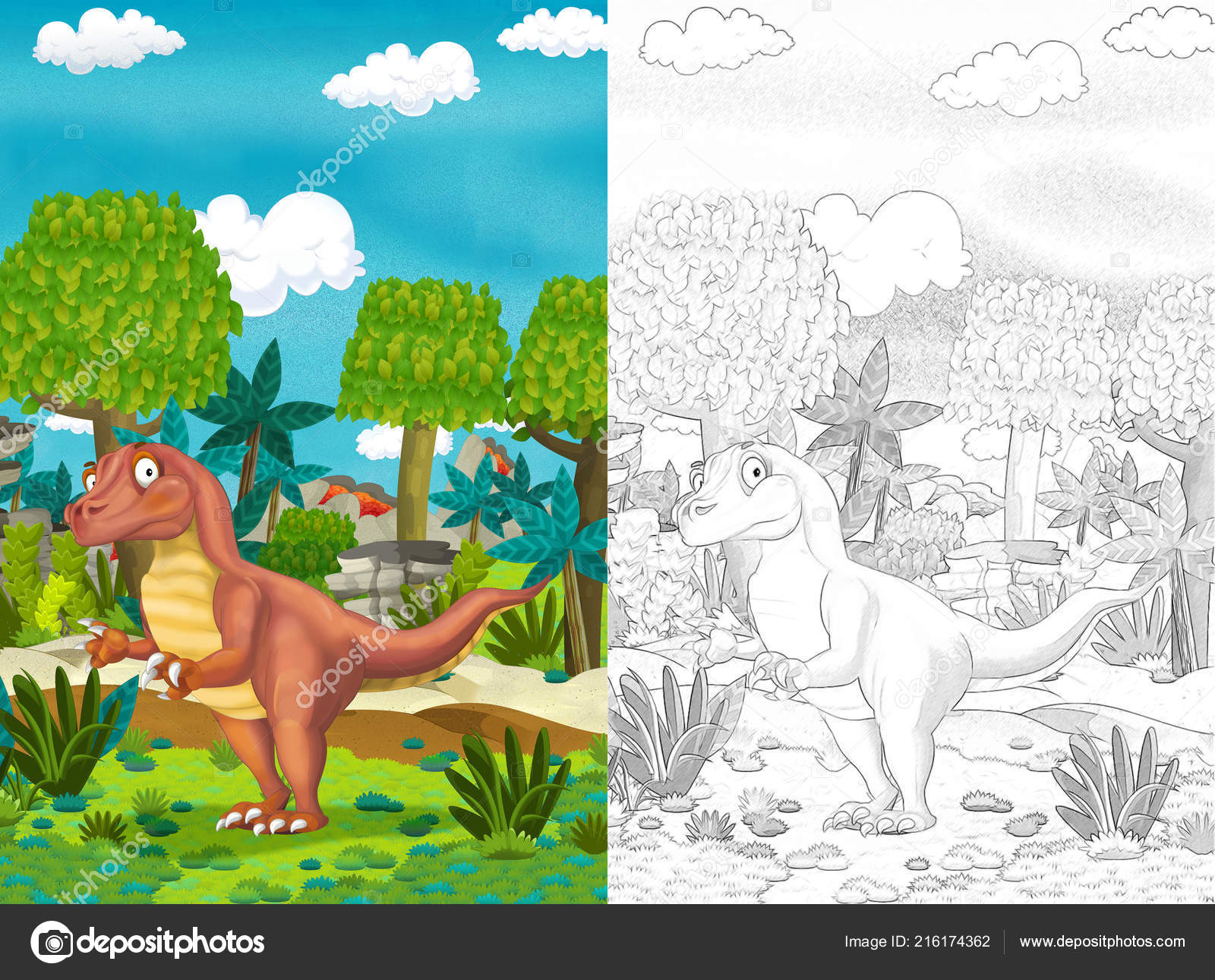 desenho para colorir para crianças, dinossauro em uma selva, de