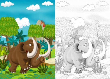 çocuklar için - ile boyama sayfası - mamut illüstrasyon yürüyüş orman - dinozorlar ile sahne çizgi film