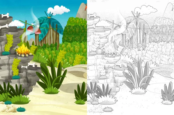 cartoon nature scene of a jungle - with coloring page - illustration for children