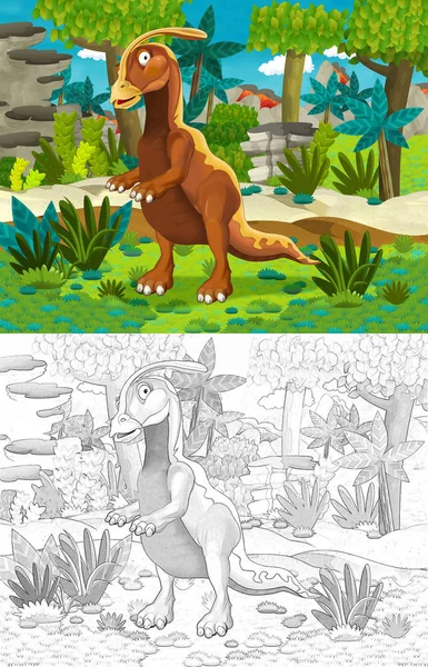 Zeichentrickszene Mit Dinosauriern Und Höhlenmenschen Dschungel Mit Malseite Illustration Für — Stockfoto
