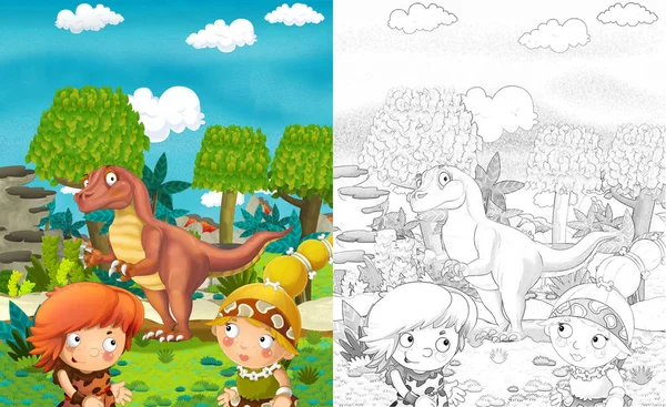 Kreskówka Sceny Dinozaurów Jaskiniowców Dżungli Kolorowanki Ilustracja Dla Dzieci — Zdjęcie stockowe