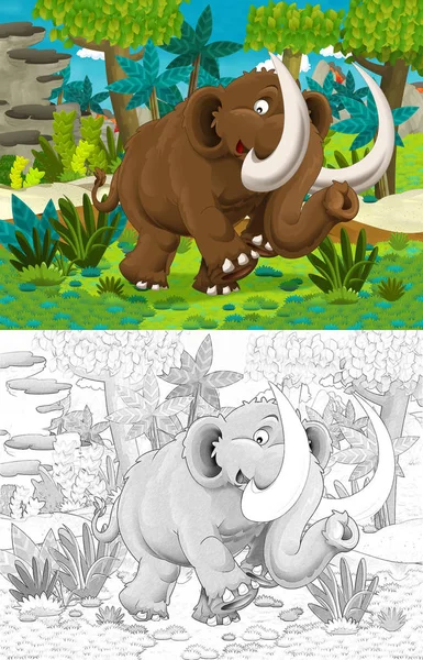 Cartoon Scene Dinosaurs Jungle Walking Mammoth Coloring Page Illustration Children — Stock Photo, Image