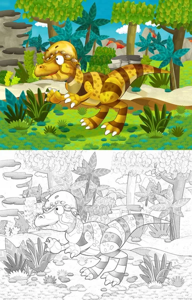 Cartoon Scen Med Dinosaurier Djungeln Pachycephalosaurus Med Målarbok Illustration För — Stockfoto