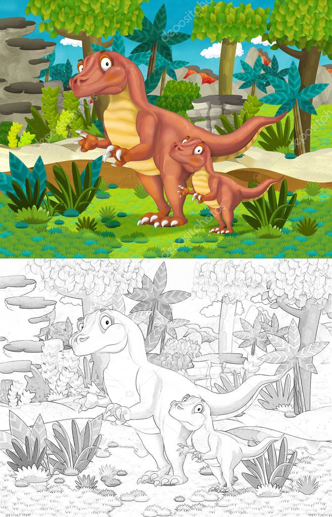 cartoon scene with dinosaurs in the jungle - with coloring page - illustration for children
