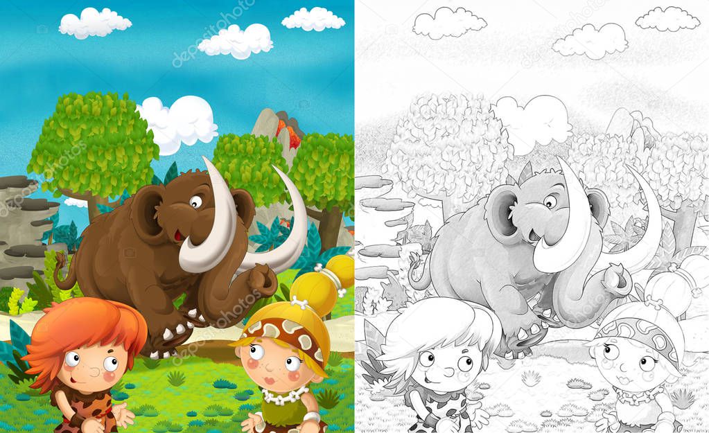 cartoon scene with dinosaurs and cavemen in the jungle - with coloring page - illustration for children