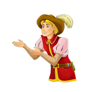 Seyir ve gülümseyen - çocuklar için illüstrasyon karikatür Ortaçağ karakteri - soylu ayakta konuşan açıklayan - mutlu prens