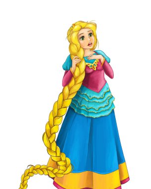 Beyaz arka planda güzel prensesin olduğu çizgi film sahnesi - çocuklar için illüstrasyon