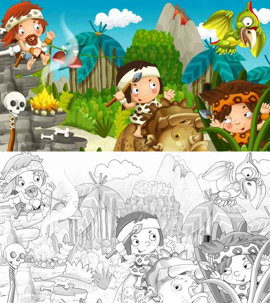 Karikatura Scéně Dinosaury Jeskynní Lidé Džungli Omalovánky Ilustrace Pro Děti — Stock fotografie