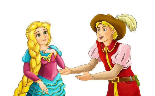 Cartoon Scene Met Mooie Prinses Prins Dansen Witte Achtergrond Illustratie — Stockfoto