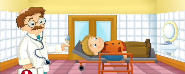 cartoon scene with patient and doctor in the hospital - illustration for children
