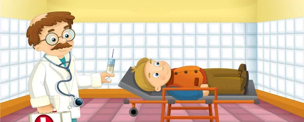 Cartoon Scen Med Patient Och Läkare Sjukhus Illustration För Barn — Stockfoto
