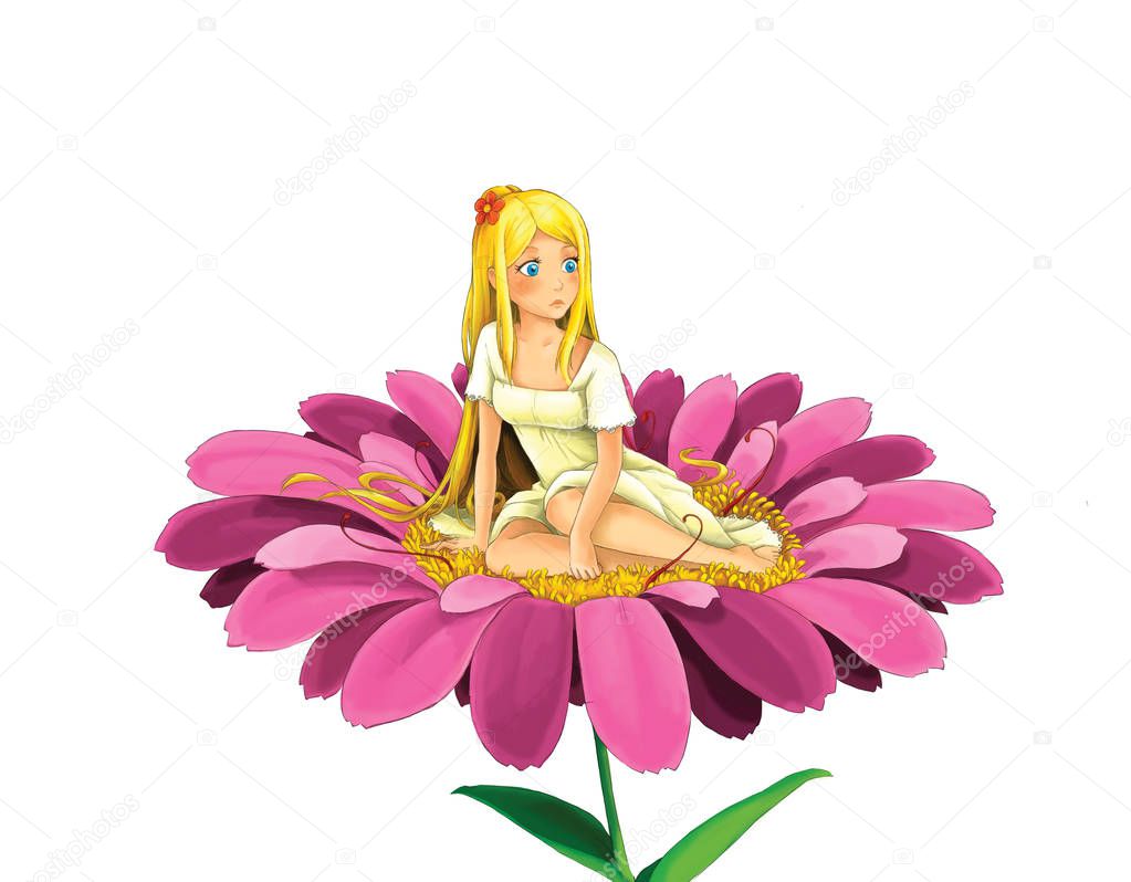 cartoon scene with beautiful young elf girl sitting on big flower on white background - illustration for children