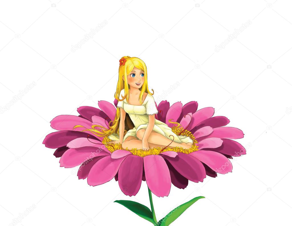 cartoon scene with beautiful young elf girl sitting on big flower on white background - illustration for children