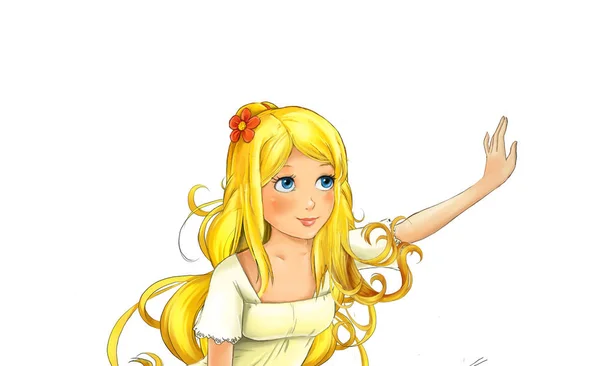 Cartoon Fairy Tale Female Character Tiny Elf Girl Looking Pointing — Stock Photo, Image