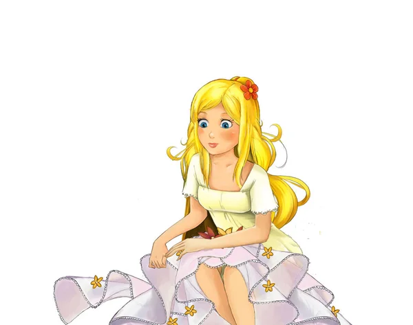 cartoon fairy tale female character - tiny elf girl sitting looking and thinking in wedding dress - illustration for children