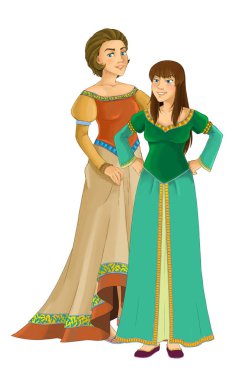 -Güzel kadınlar beyaz arka plan üzerinde gülümseyen - prensesler illüstrasyon çocuklar için çizgi film