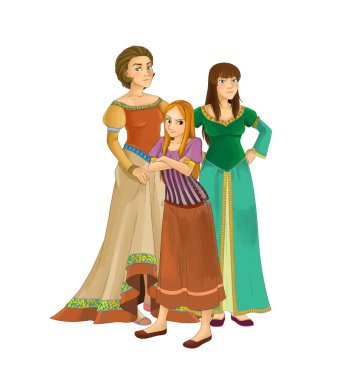 -Güzel kadınlar beyaz arka plan üzerinde gülümseyen - prensesler illüstrasyon çocuklar için çizgi film