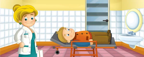 cartoon scene with patient and doctor in the hospital - illustration for children