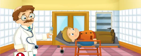 cartoon scene with patient and doctor in the hospital - illustration for children