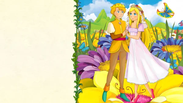 卡通童话的场面与美丽的年轻女孩和男孩 精灵在花婚礼 与框架为课本 例证为孩子 — 图库照片