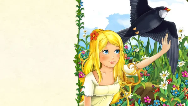 Cartoon Fairy Tale Scene Beautiful Young Girl Meadow Looking Flying — Stock Photo, Image