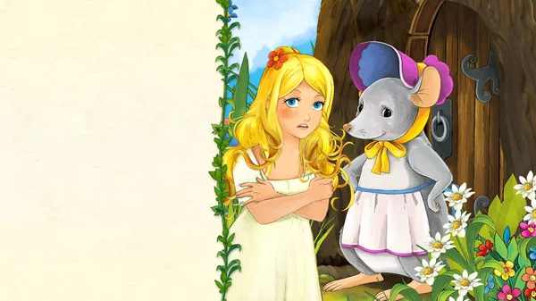 Cartoon Fairy Tale Scene Beautiful Young Girl Mouse Hostess Some — Stock Photo, Image