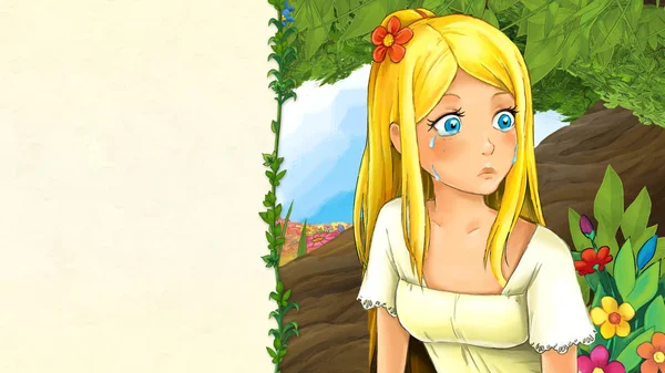 Dessin Animé Scène Conte Fées Avec Belle Jeune Fille Assise — Photo