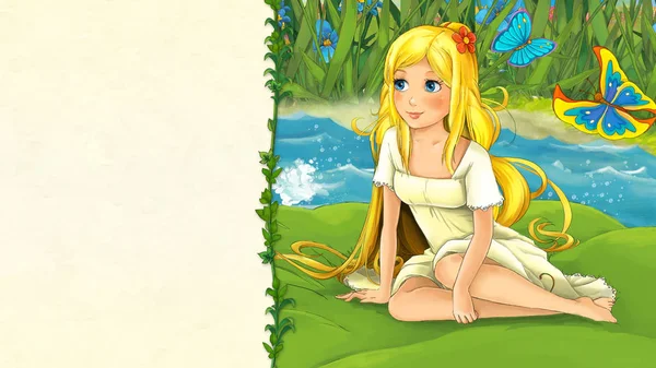 Cartoon fairy tale scene with beautiful young girl on the leaf in the river near meadow - illustration for children — Stock Image Cartoon Fairy Tale Scene Beautiful Young Girl Leaf River Meadow Stock Picture