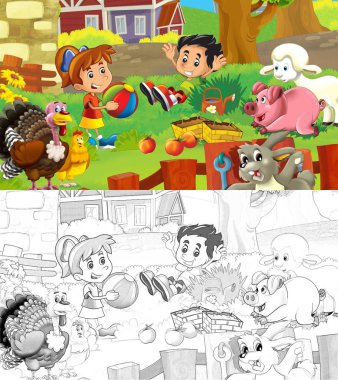 Çocuklar için çiftlik illüstrasyon cadı boyama sayfası sketchbook - birçok farklı unsurlar