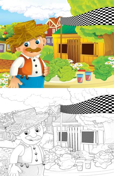 Cartoon Scene Happy Older Farmer Working Farm Coloring Page Illustration — Stock Photo, Image