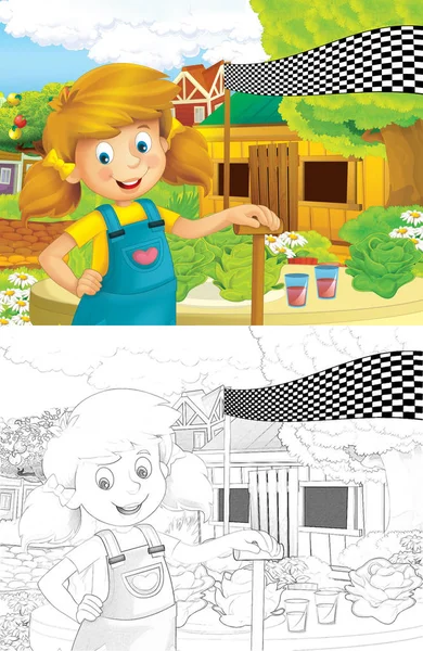 Scène Dessin Animé Avec Jeune Agricultrice Heureuse Travaillant Sur Une — Photo