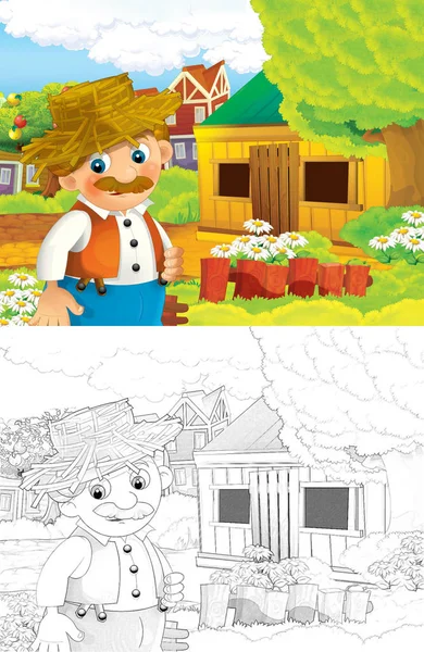 Cartoon Scene Happy Older Farmer Working Farm Coloring Page Illustration — Stock Photo, Image