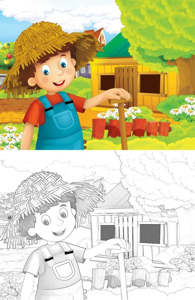 Kreslený Scény Mladými Zemědělci Pracující Farmě Omalovánky Ilustrace Pro Děti — Stock fotografie