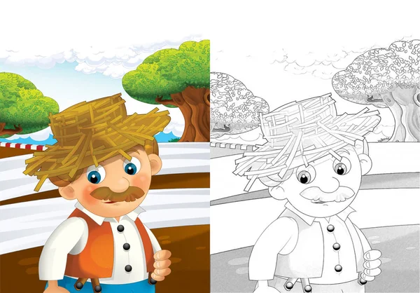 Kreslený Scény Happy Starší Farmář Pracuje Farmě Omalovánky Ilustrace Pro — Stock fotografie