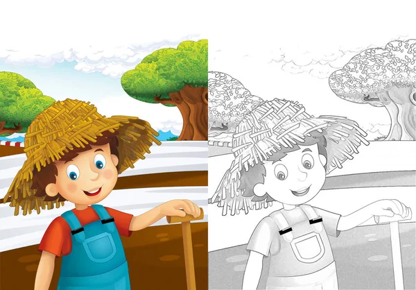cartoon scene with young farmer working on the farm - with coloring page - illustration for children