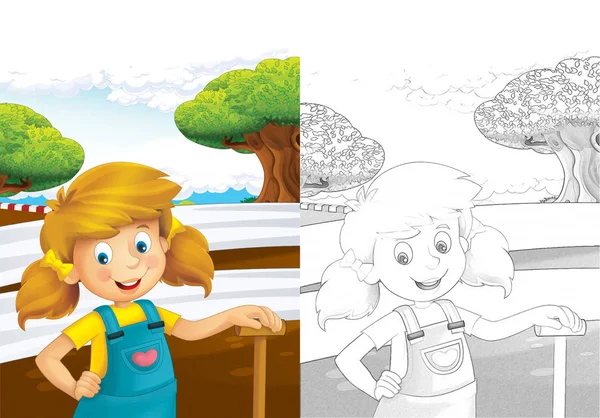 Cartoon Scene Happy Young Farmer Girl Working Farm Coloring Page — Stock Photo, Image