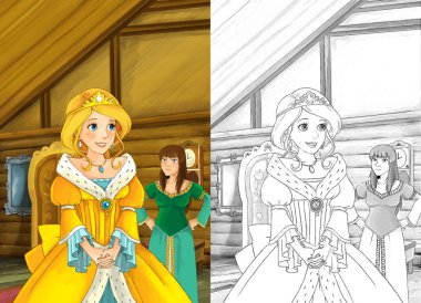 Eski geleneksel mutfak - büyücü ya da Prenses başka kadın veya kız kardeşi için - güzel manga kız - illüstrasyon çocuklar için konuşuyor karikatür sahnede