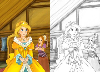 Eski geleneksel mutfak - büyücü ya da Prenses başka kadın veya kız kardeşi için - güzel manga kız - illüstrasyon çocuklar için konuşuyor karikatür sahnede