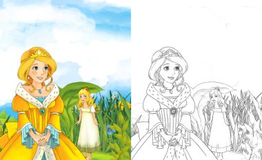 bir genç prenses bazı küçük kız yaprak - illüstrasyon çocuklar için altında ayakta bakarak ile karikatür masal sahne