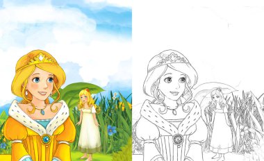 bir genç prenses bazı küçük kız yaprak - illüstrasyon çocuklar için altında ayakta bakarak ile karikatür masal sahne