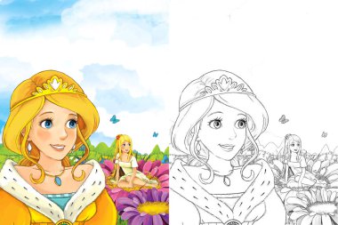 Çizgi film masal sahne çocuklar için bazı çiçek - ile sayfa boyama - illüstrasyon oturan küçük peri bakarak çayırda bir genç bayan prenses konumu olan