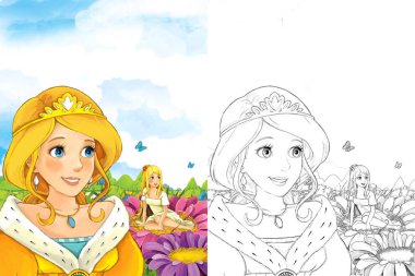 Çizgi film masal sahne çocuklar için bazı çiçek - ile sayfa boyama - illüstrasyon oturan küçük peri bakarak çayırda bir genç bayan prenses konumu olan