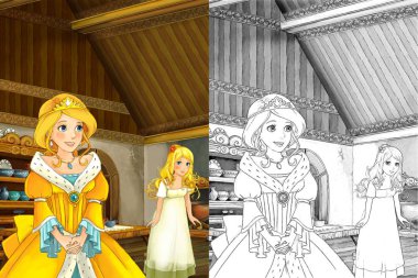 çizgi film masal sahne çocuklar için güzel prenses - fare mutfak hostes ile konuşurken - çizim ile