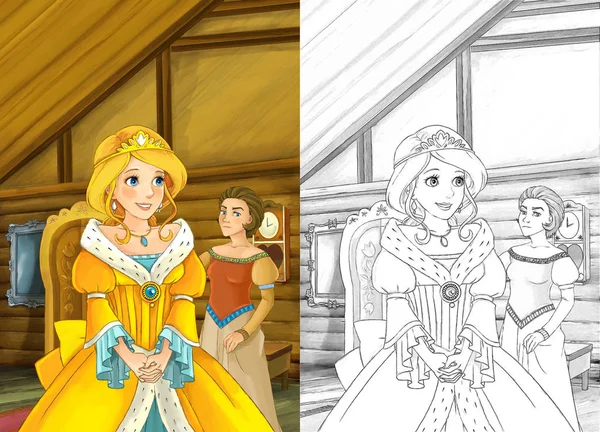 在旧的传统厨房 女巫或公主交谈一些其他女人或妹妹 美丽漫画女孩 插图儿童卡通场景 — 图库照片